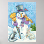 Cute Animals Building a Snowman for Christmas Poster<br><div class="desc">Vintage illustration Merry Christmas holiday design featuring adorable cartoon forest creatures building a snowman in winter. The snowman is holding a broom, wearing a scarf and has a top hat. A squirrel is adding a lump of coal for his mouth, a skunk is adding more snow to his body, a...</div>