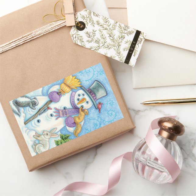 Cute Animals Building a Snowman for Christmas Rectangular Sticker (Gifting)