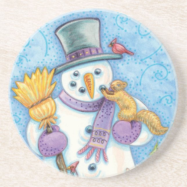 Cute Animals Building a Snowman for Christmas Sandstone Coaster (Front)