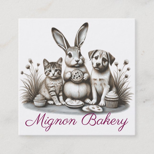 Cute animals bunny cat eating cookie baking bakery square business card (Front)