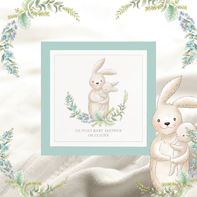 Cute Animals Bunny Personalized Green Baby Shower Napkins (Creator Uploaded)