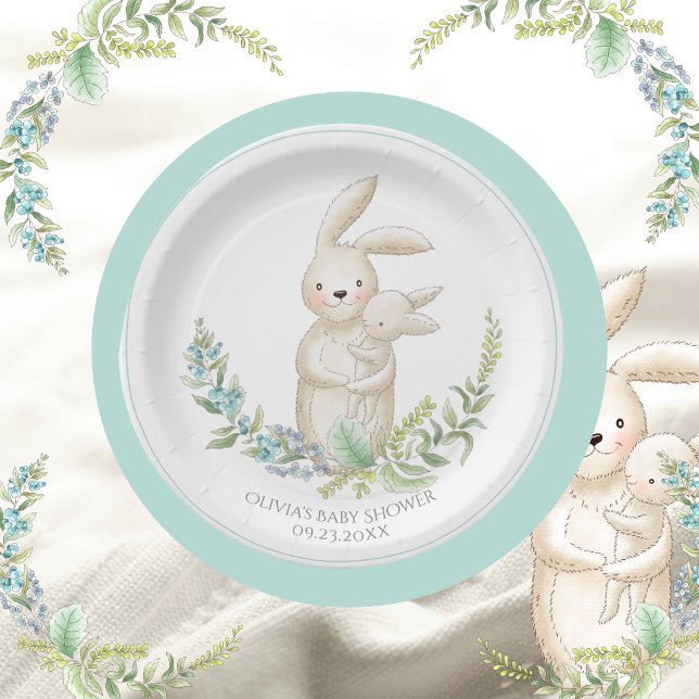 Cute Animals Bunny Personalized Green Baby Shower  Paper Plates (Creator Uploaded)