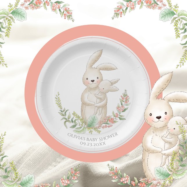 Cute Animals Bunny Personalized Pink Baby Shower  Paper Plates (Creator Uploaded)