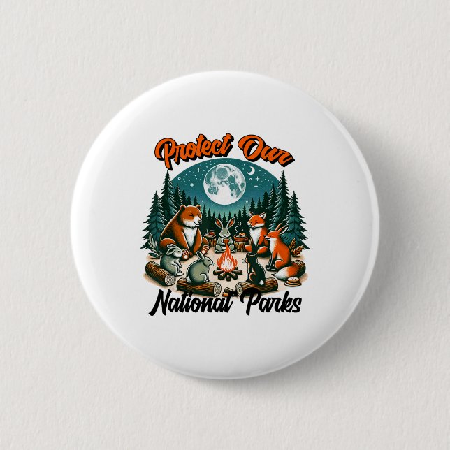 Cute Animals Camping Protect Our National Parks An Button (Front)