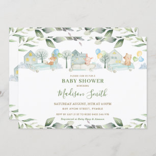 Cute Animals Cars Greenery Baby Shower Boy Invitation