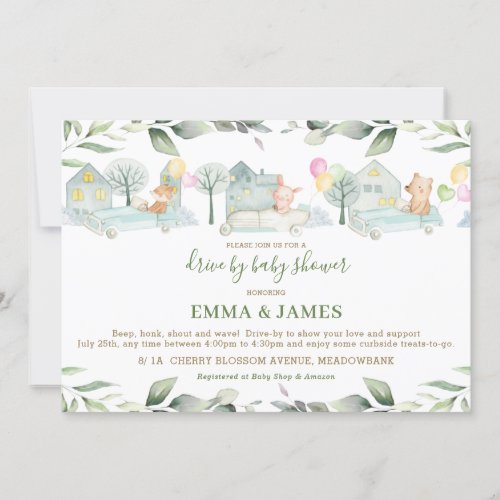 Cute Animals Cars Greenery Drive By Baby Shower Invitation