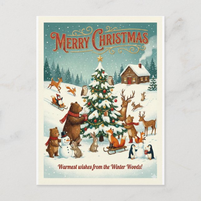  Cute Animals Celebrating Christmas in Snow Holiday Postcard (Front)