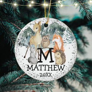 Cute Animals Child's Photo Letter Initial Name Ceramic Ornament