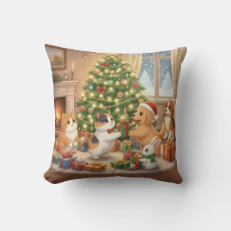 Cute Animals Christmas Pattern Exchanging Gifts Throw Pillow