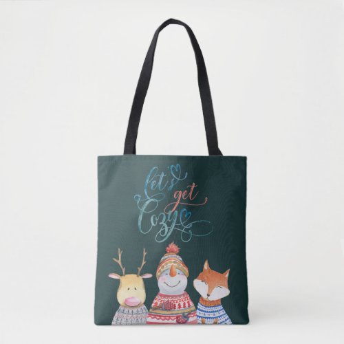 Cute animals Christmas quote Lets get cosy  Tote Bag