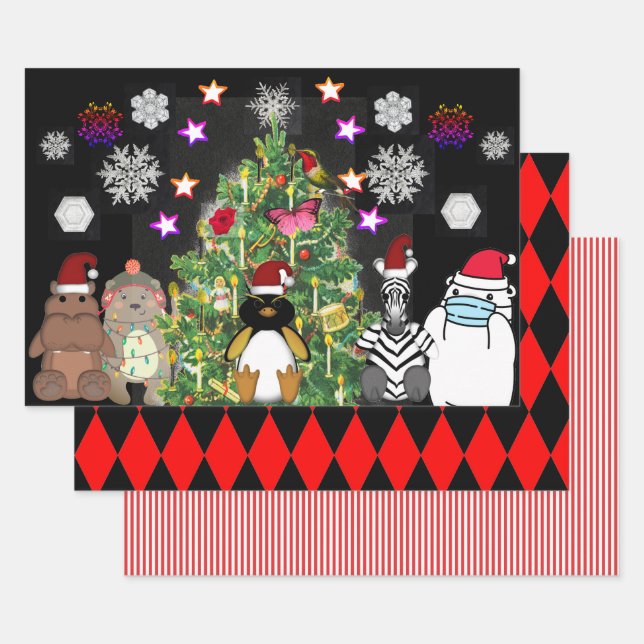 CUTE ANIMALS CHRISTMAS TREE CHRISTMAS WRAPPING PAPER SHEETS (Set)