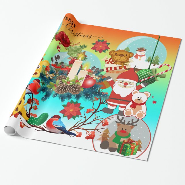 Cute Animals Colorful Christmas Wrapping Paper (Unrolled)