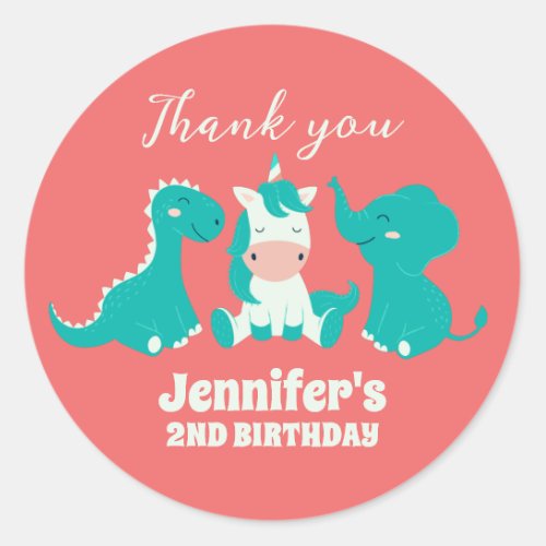 Cute Animals Dinosaur Unicorn Kids Birthday Party Classic Round Sticker