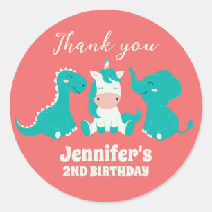 Cute Animals Dinosaur Unicorn Kids Birthday Party Classic Round Sticker