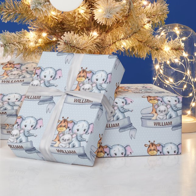 Cute Animals Elephant Giraffe Koala Blue Custom Wrapping Paper (Holidays)