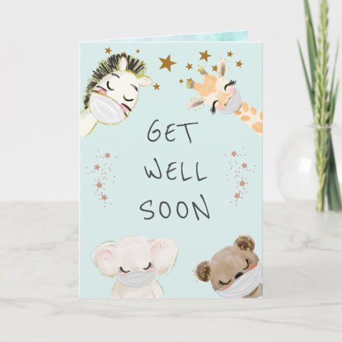 cute animals face masks get well card