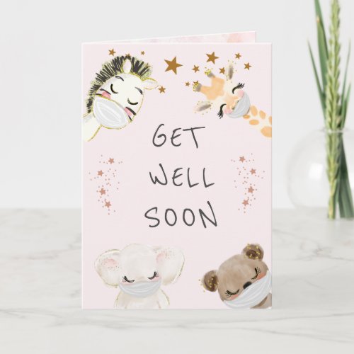 cute animals face masks get well card