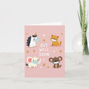 Cute animals face masks get well card