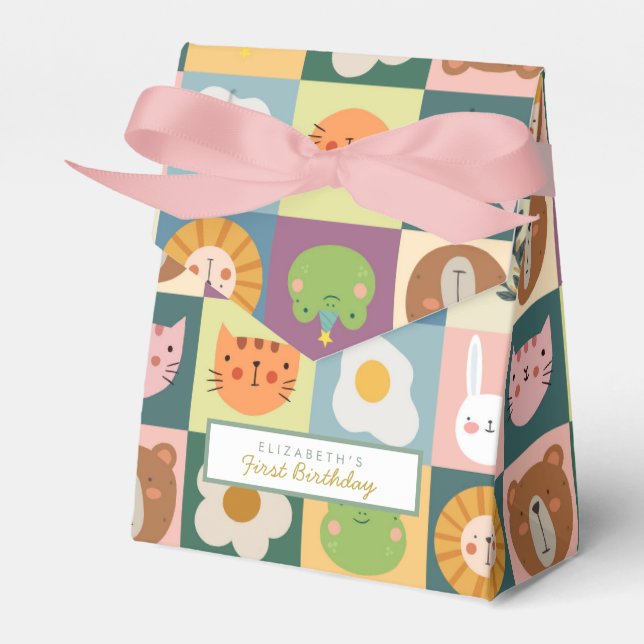 Cute Animals First Birthday Favor Box (Front Side)