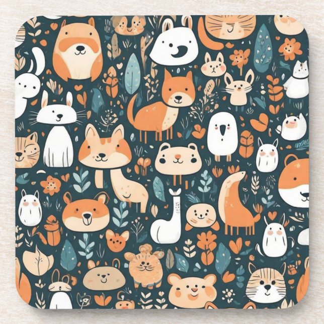 Cute animals fun design green decor beverage coaster (Front)