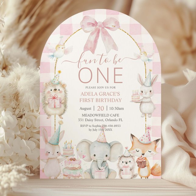 Cute Animals Fun To Be One 1st Birthday Pink Arch Invitation (Creator Uploaded)