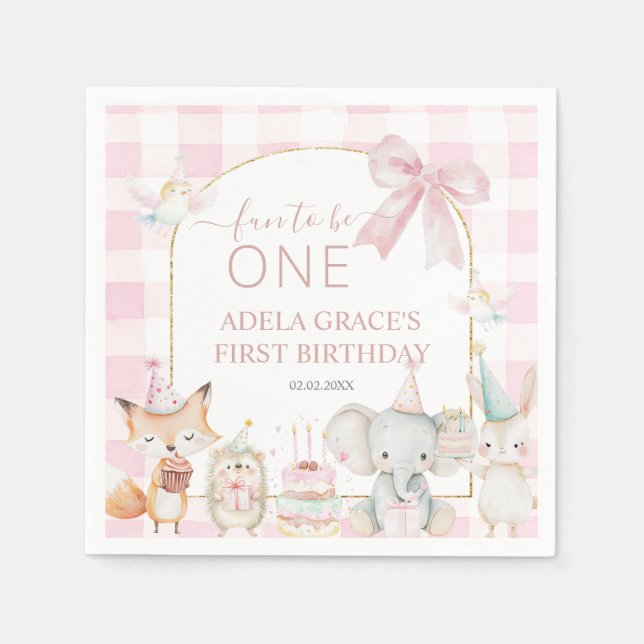 Cute Animals Fun To Be One 1st Birthday Pink Arch Napkins (Front)