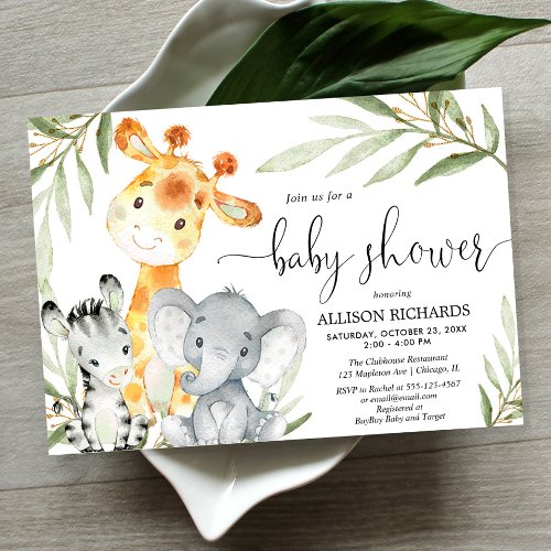 Cute animals gender neutral safari baby shower invitation