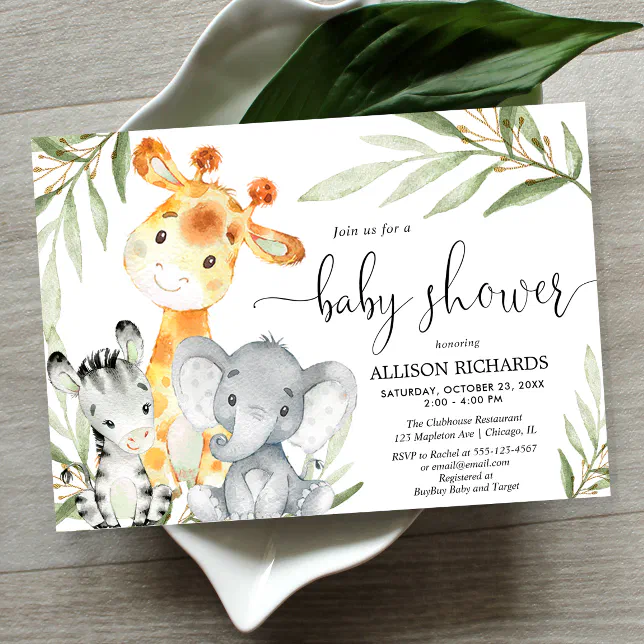 Cute animals gender neutral safari baby shower invitation | Zazzle