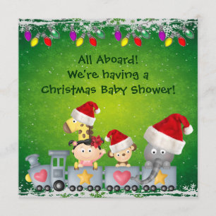Cute Animals & Girl on Train Christmas Baby Shower Invitation