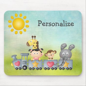 Cute Animals & Girl On Train Mousepad by GroovyGraphics at Zazzle
