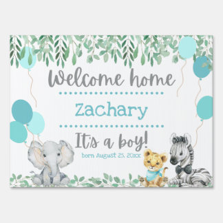 Cute Animals Greenery Blue Welcome Home Baby Boy Sign