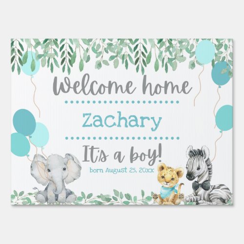 Cute Animals Greenery Blue Welcome Home Baby Boy Sign