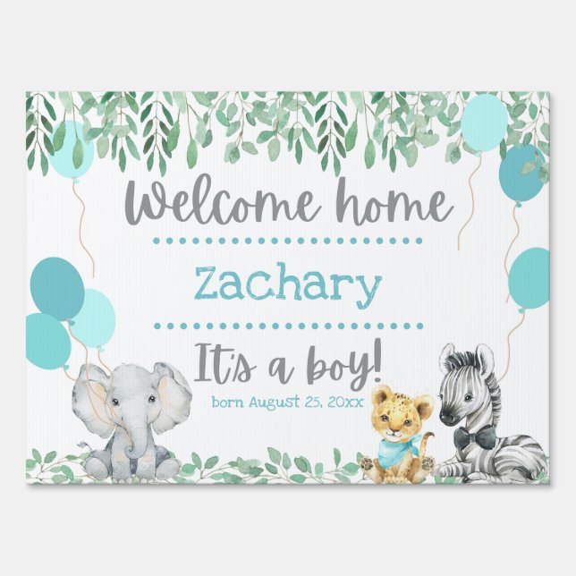 Cute Animals Greenery Blue Welcome Home Baby Boy Sign (Front)