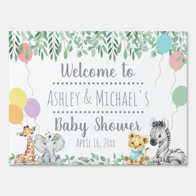 Cute Animals Greenery Gender Neutral Baby Shower Sign (Front)