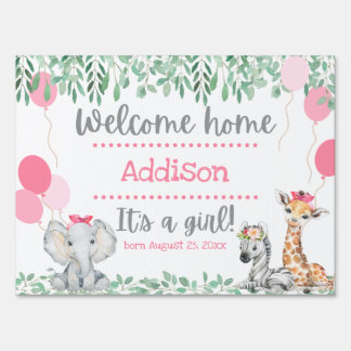 Cute Animals Greenery Pink Welcome Home Baby Girl Sign