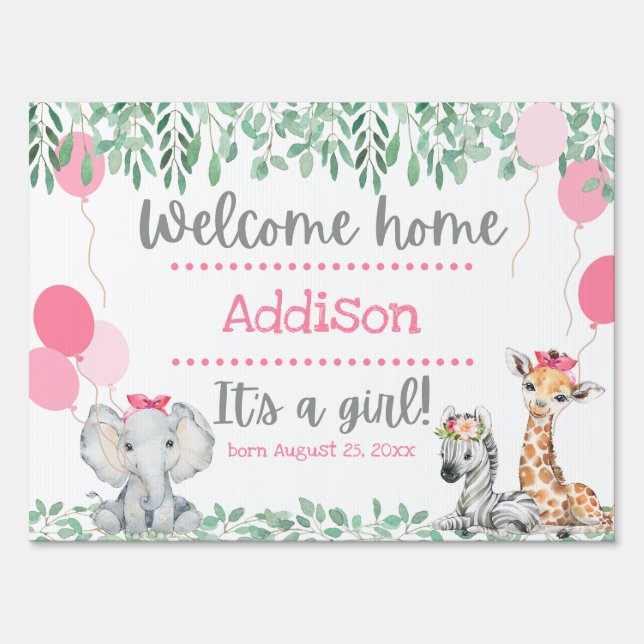Cute Animals Greenery Pink Welcome Home Baby Girl Sign (Front)