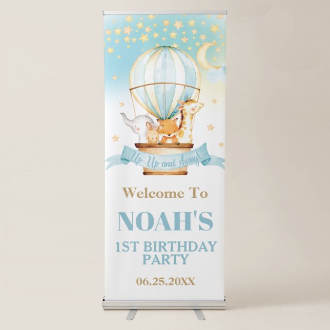 Cute Animals Hot Air Balloon 1st Birthday Welcome Retractable Banner (Front)