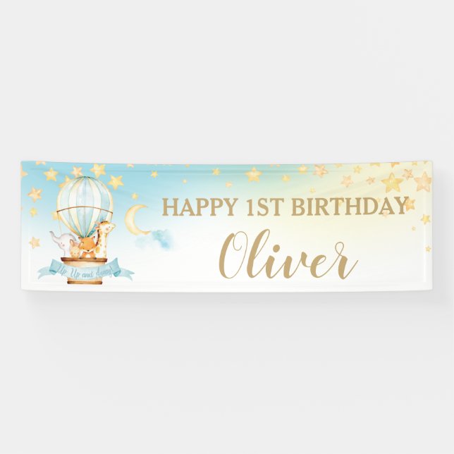 Cute Animals Hot Air Balloon Birthday Backdrop   Banner (Horizontal)