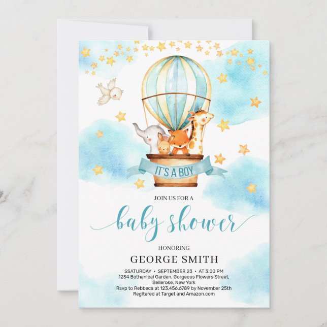 Cute animals hot air balloon boy baby shower invitation (Front)