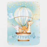 Cute Animals Hot Air Balloon Stars Moon Blue Sky Baby Blanket