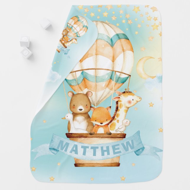 Cute Animals Hot Air Balloon Stars Moon Blue Sky Baby Blanket (In Situ)