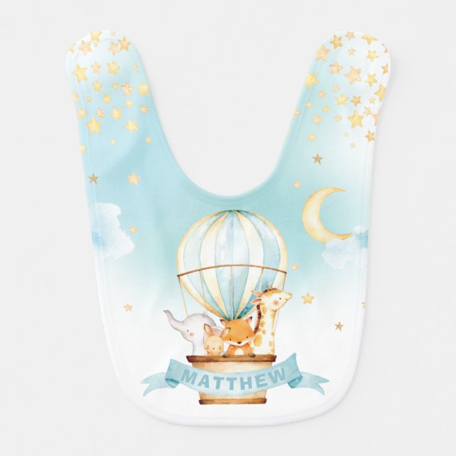 Cute Animals Hot Air Balloon Twinkle Star Moon Boy Baby Bib (Front)