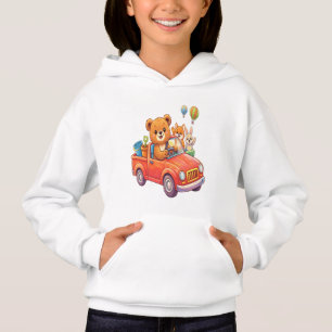 Cute Animals in a Red Truck: Bear, Fox, and Bunny Hoodie