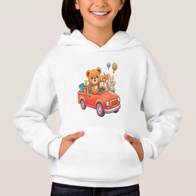 Cute Animals in a Red Truck: Bear, Fox, and Bunny  Hoodie (Front)