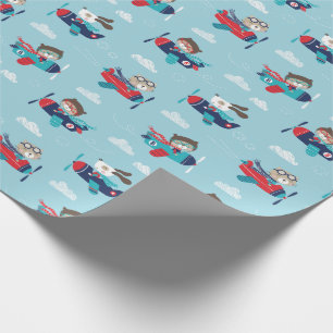 Cute animals in airplanes on blue Wrapping Paper