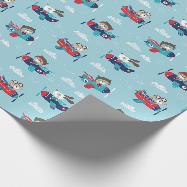 Cute animals in airplanes on blue Wrapping Paper (Corner)