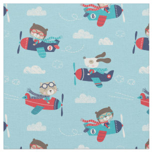 Cute Animals in Airplanes on light blue Fabric