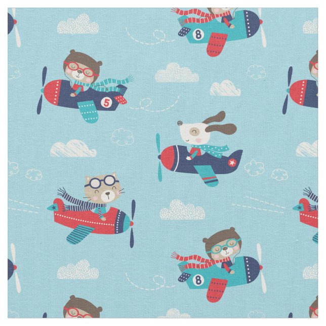 Cute Animals in Airplanes on light blue Fabric (Close Up)