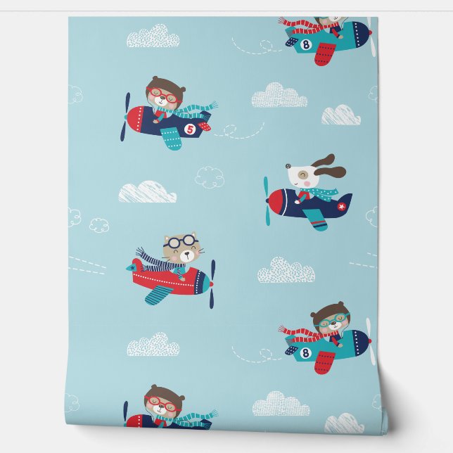 Cute animals in airplanes with clouds on blue wallpaper  (Unrolling)