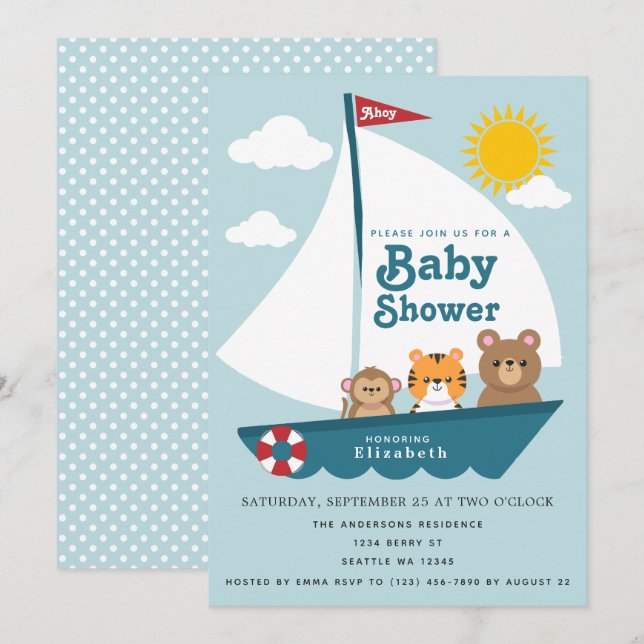 Cute Animals in Boat Baby Shower Invitation (Front/Back)